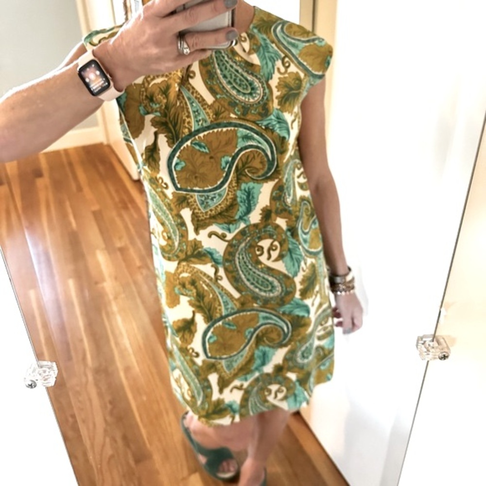 MILLY Green and Gold Paisley Silk Mini Dress